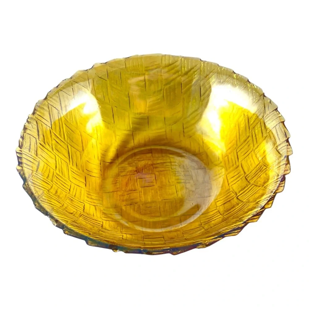Vintage Indiana Glass Weavetex Basketweave Bowl Marigold Carnival Glass MCM 9”